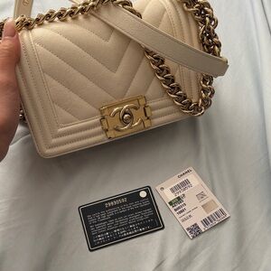 CHANEL Cream Quilted Boy Shoulder Bag small size